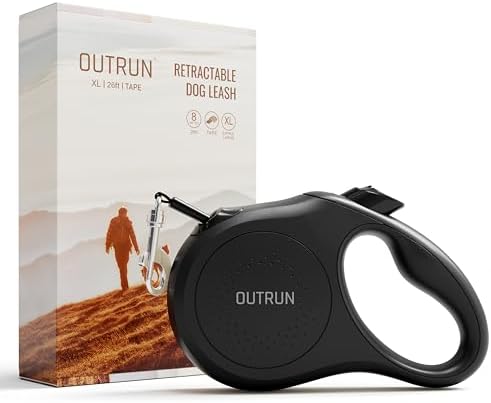 OUTRUN Retractable Dog Leash 26 FT Tape up, to 110 lb, No Tangle, Black