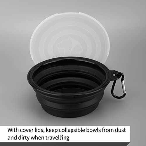 SLSON Dog Bowls Pet Collapsible Bowl with Cover Lids,2 Pack Dog Travel Bowls Portable Foldable Cat Water Dish Bowl for Pets Walking Parking Camping (Black and Black, Small)