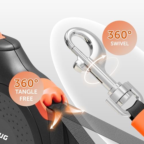 TUG 360° Tangle-Free Retractable Dog Leash | 16 ft Strong Nylon Tape (Medium, Black/Orange)