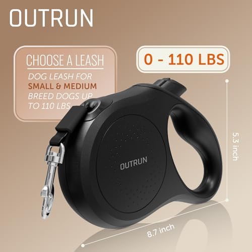 OUTRUN Retractable Dog Leash 26 FT Tape up, to 110 lb, No Tangle, Black