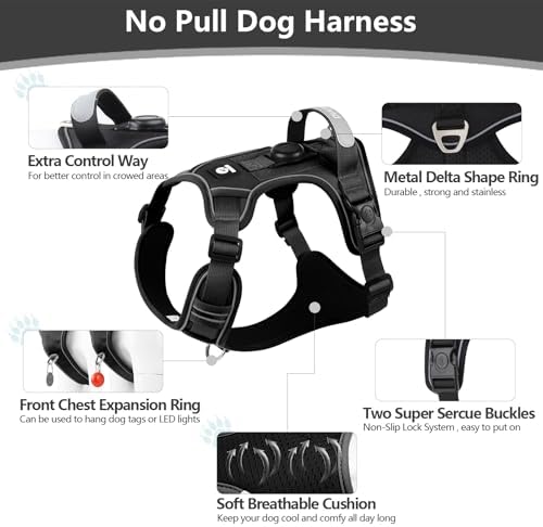Upgraded Dog Harness with AirTag Holder, Escape Proof Adjustable Vest for Puppy Outdoor Walking, Soft Breathable Jacket with Reflective Strips for Dark Night (Black, M)