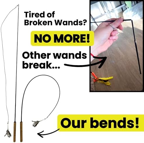 Forever Stick and 9 Cat Feather Toy Refills - The Unbreakable Cat Wand Toy, Durable Cat Toy Wand, Extra Long Cat String Toy, Cat Fishing Pole Toy for Bored Indoor Adult Cats, Cat Stick Toy