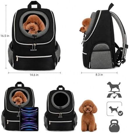 BAGLHER Dog Carrier Backpack for Small Dogs - Front Breathable Pet Backpack with Safety Buckle, Adjustable Hands-Free Design for Hiking, Cycling, Camping & Outdoor Use - Black, Size Large 10-14 lbs