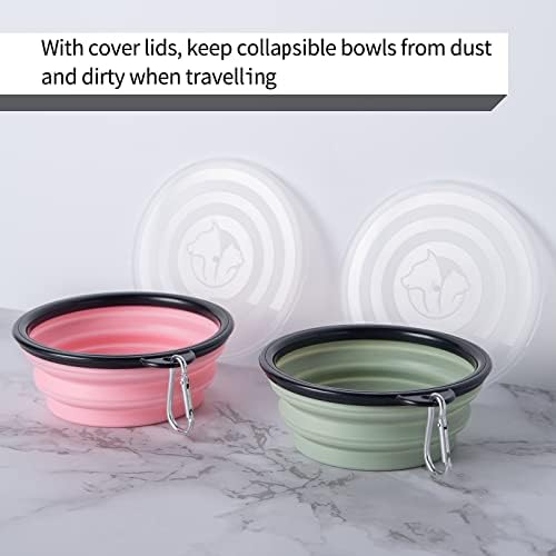 SLSON Collapsible Pet Feeder, 2 Pack Dog Bowls with Cover Lids, Portable Foldable Cat Water Dish Bowl for Pets, Small, Fairy Pink and Sprout Green