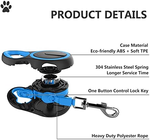 Dual Retractable Dog Leash for Walking 2 Small to Large Dogs up to 110 lbs / 50 kg,Double Headed 16 ft Extendable Dog Leash with Poop Bags--Non Slip Grip, 360 Tangle-Free,One Button Break & Lock,Blue