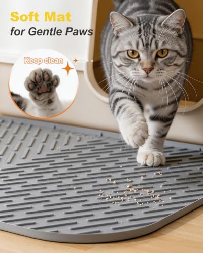 Cat Litter Box Mat, 37" x 28" Extra Large Silicone Cat Litter Mat with Drain Hole, Waterproof Litter Trapping Mat for Scatter Control, Non-Slip, Soft on Kitty Paws, Easy to Clean (Gray)