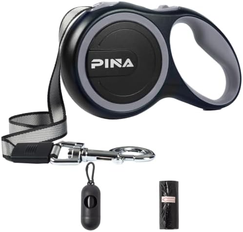 PINA Retractable Dog Leash, 26ft Dog Leash for Small Medium Large Dogs Up to 110lbs, 360° Tangle-Free Strong Reflective Nylon Tape, with Anti-Slip Handle, One-Handed Brake, Lock - Black Gray