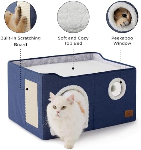 Bedsure Extra Wide Cat House Bed with Fluffy Ball and Scratch Pad,Blue