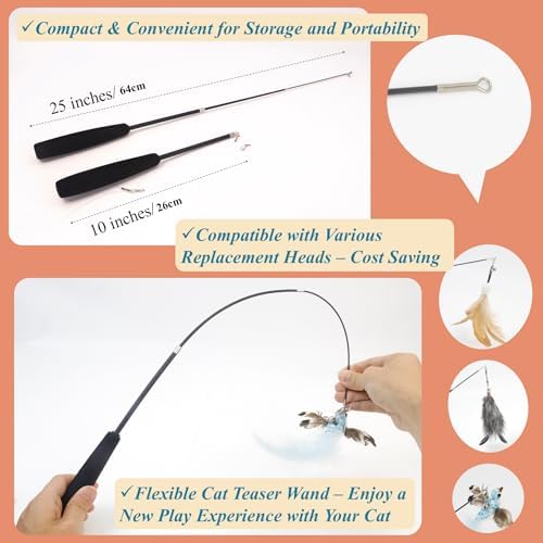Interactive Cat Wand Toy with 4 Refills and Storage Box – Collapsible Cat Teaser Stick with Catnip Lure, Insect & Ribbon Attachments – Feather Cat Toys for Indoor Cats Enrichment