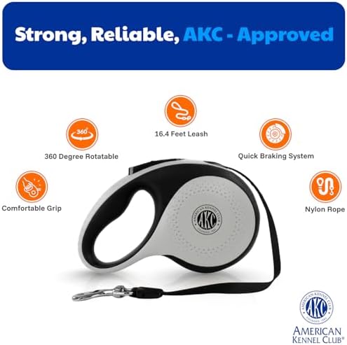 American Kennel Club Heavy Duty Retractable Dog Leash, 16.4ft, Tangle-Free, Ergonomic Grip, One-Hand Brake, for Medium & Large Dogs up to 110 lbs Gray