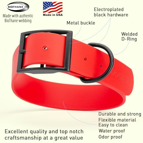 Dogline Biothane Waterproof Dog Collar Strong Coated Nylon Webbing with Black Hardware Odor- Proof for Easy Care Easy to Clean High Performance Fits Small Medium or Large Dogs, Cherry Red