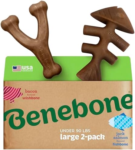 Benebone 2-pack Fishbone/Wishbone Durable Dog Chew Toys, Dog Bones, Large