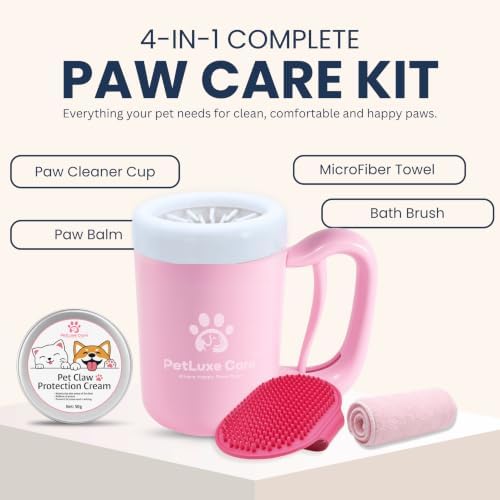 Dog Paw Cleaner, Paw Washer Cup with Soft Silicone Bristles, Portable Dog Foot Washer, 4-in-1 Paw Cleaner Kit with Paw Balm, Microfiber Towel & Grooming Brush (Pink Medium)