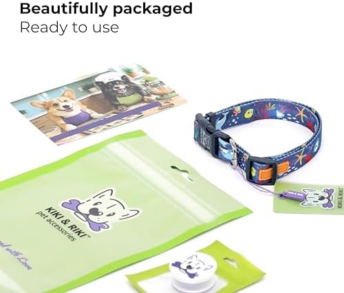 KIKI & RIKI Soft Nylon Dog Collar for Small Dogs, Adjustable, Quick-Release Buckle, Size S (Neck 9.4-14.6"), Blue Artist-Designed Print