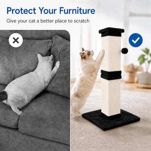 Vertical Cat Scratching Post for Indoor Cats, Sisal Scratch Tower with Soft Plush Base & Dangling Pom Ball, 32'' Tall Cat Scratcher Column, Furniture Protection, Black and White