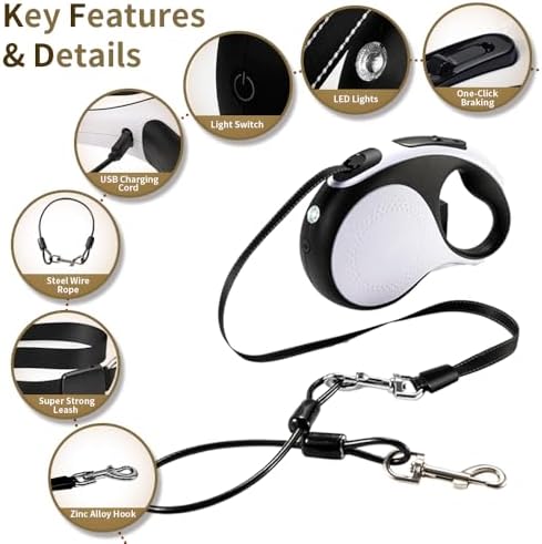 Retractable Dog Leash with Chew Proof Cable,Durable Pet Walking Leash for Large Medium Small Dogs up to 110 lbs (White, 16ft)
