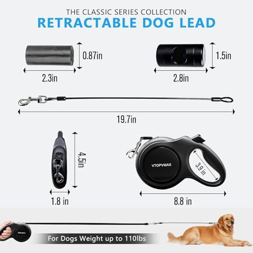26Ft Retractable Dog Leash for Medium/Large Dogs up to 110lbs, Strong Heavy Duty Retractable Leash with Chew-Proof Cable, 360 Tangle Free, One Hand Brake Lock & Poo Bag Holder (Black)
