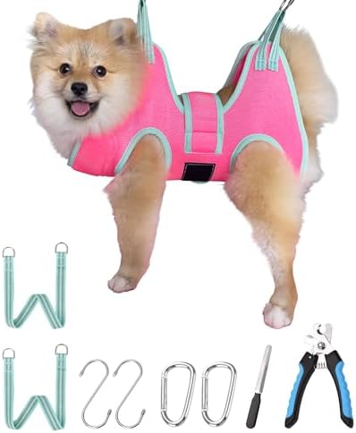 Kkiimatt Dog Grooming Hammock,XS Pink Hanging Harness Holder for Nail Clipping/Trimming,Grooming Sling Hanger with Thick Fabric Neck Support,Strap Restraint for Claw Care