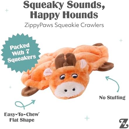 ZippyPaws Squeakie Crawler- No Stuffing Dog Toy to Keep Them Busy, for Small, Medium, & Large Dogs, Squeaky Pet Toy for Boredom, Unstuffed Chew Toy, Soft Plush Puppy Products, Moody the Moose- 12"