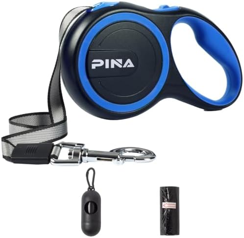 PINA Retractable Dog Leash, 26ft Dog Leash for Small Medium Large Dogs Up to 110lbs, 360° Tangle-Free Strong Reflective Nylon Tape, with Anti-Slip Handle, One-Handed Brake, Lock - Black Blue