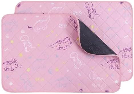 IEUUMLER Washable Pee Pads for Dogs, 2 Pack Non-Slip & Waterproof Pack Whelping Pad, Reusable Washable Puppy Potty Training Pad with Fast Absorbent for Playpen EU007 (Pink Dinosaur, 24"X18"-2pcs)