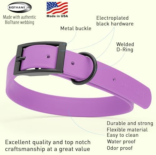 Dogline Biothane Waterproof Dog Collar Strong Coated Nylon Webbing with Black Hardware Odor- Proof for Easy Care Easy to Clean High Performance Fits Small Medium or Large Dogs, Amethyst Purple