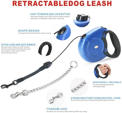 Idepet Heavy Duty Retractable Dog Leash Steel Chain 16ft Pet Leashes