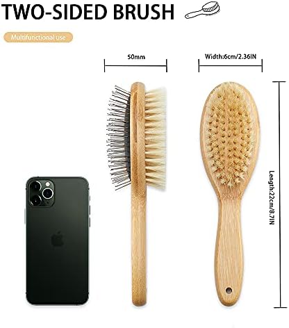 Dog Brush Cat Brush, Vokiuler Double Sided Bristle and Pin Pet Brush for Dog Grooming, Real Boar Bristle Shedding Brush with Bamboo Handle for Long Short Hair, 2 Pack Dog Comb, White