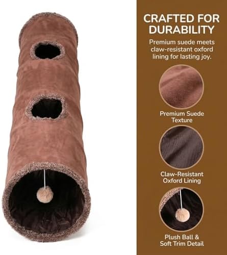 ZENFUN 51"x 12" Collasiple Cat Play Tunnel, Cats Tubes and Tunnels, Cat Foldable Hide and Seek Tunnel Toy, Brown Suede Pet Tube Toy for Rabbits, Ferrets, Puppy, Diameter 12 Inch