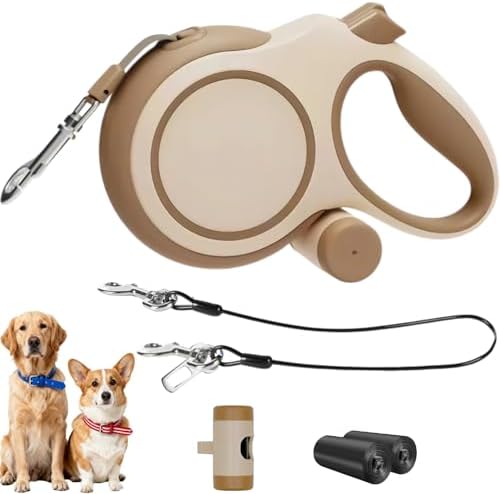 26ft Retractable Dog Leash for Large Dogs with Poop Bag Holder,Heavy Duty Retractable Dog Leash with Chew Proof Extender,One-Hand Lock System,Impact-Resistant,Up to 110 lbs (Khaki)