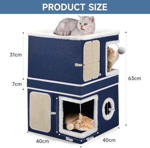 Shikha 2 Story Cat House beds for Indoor Cats with Scratch Pads Blue