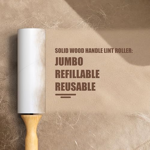 Diagonal Tear Lint Roller with Wooden Handle- 6.3 Inch Refills, 4 Rolls x 100 Sheets with Adjustable Tool | Pet Hair Remover for Furniture, Clothing | Ergonomic Grip, Durable Design