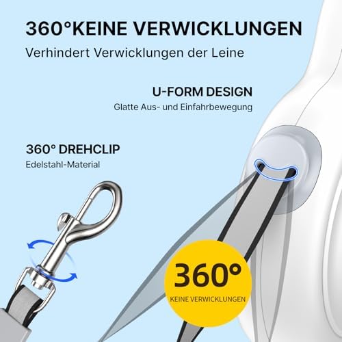 16Ft Retractable Dog Leash with Auto-Locking Function, 360°Tangle-Free Retraction and Ergonomic Lightweight Handle for Medium Large Dogs Up to 130Lbs