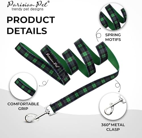 Parisian Pet Plaid Dog Leash - Nylon Heavy Duty Training Leashes for Dogs with Comfortable Handle - Strong Metal Clip 4Ft Scottish Green Puppy Leash - Chew Proof Leashes for Small and Medium Dogs