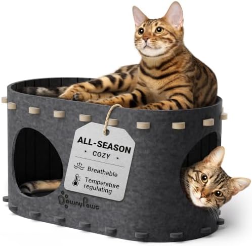 DownyPaws Cat House for Indoor Cats, Cube Castle Cat Bed Cave, Sesame Gray