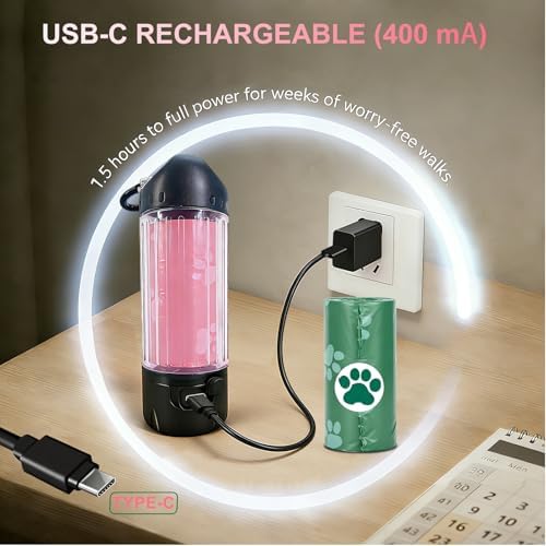 Dog Poop Bag Holder with Flashlight 7-Color, USB-C Rechargeable Poop Bag Displenser for Leashes, IPX6 Waterproof Anti-Slip Clip Pet Waste Bag Holder for Walking (1 Dispenser, 30 Bags)
