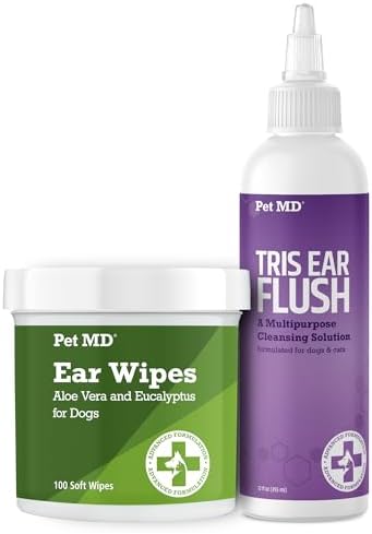 Pet MD Dog Ear Cleaning Wipes with Aloe and Eucalyptus + Veterinary Tris Flush Cat & Dog Ear Cleaner
