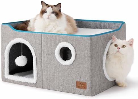 Bedsure Extra Wide Cat House Bed with Fluffy Ball and Scratch Pad,Grey