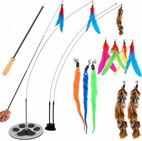 Cat Toys for Indoor Cats, Interactive Cat Toy Wand, Kitten Stuff, 9 Lures
