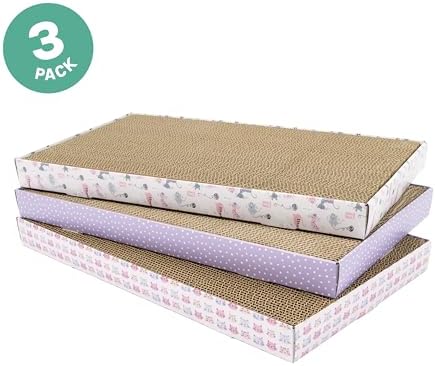 Kitty City 3-Pack XL Double Sided Corrugate Cat Scratcher Pads - X-Large Horizontal Cat Scratcher Mats, Reversible Corrugate Nail File Scratchers - Pink Cats Design, 18” x 10” Each