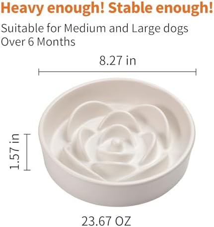 White Ceramic Dog Bowl Slow Feeder for Medium and Large Breed,1.5 Cup 8.26 in Slow Feeding Bowl,Puzzle Dog Food Bowl for Fast Eater,Maze Dish for Fast Eater
