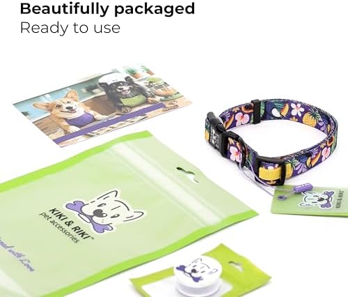 KIKI & RIKI Soft Nylon Dog Collar for Medium Dogs, Adjustable, Quick-Release Buckle, Size M (Neck 13.0-20.9"), Purple Artist-Designed Print