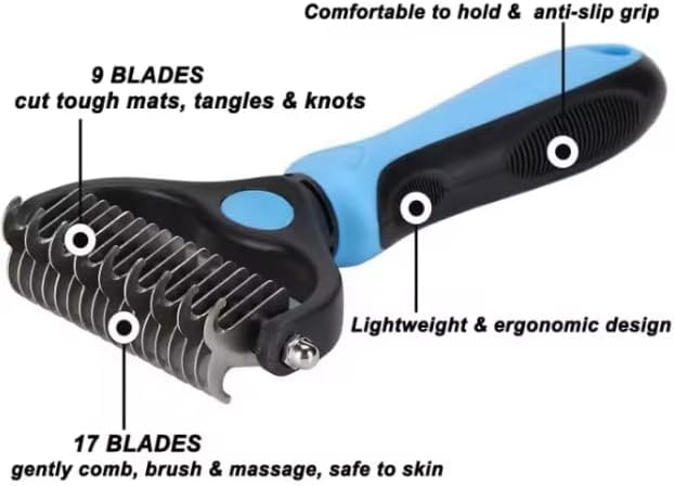 Undercoat Rake and Dematting Brush for Dogs & Cats - Professional 2-in-1 Pet Grooming Tool - Removes Stubborn Mats, Knots, and Tangles Safely and Gently - Reduces Shedding for Heavy-Coated Pets (Blue)
