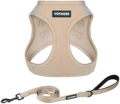 Best Pet Supplies Voyager Step-in Air All Weather Mesh Harness and Reflective Dog 5ft Leash Combo with Neoprene Handle, for Small, Medium and Large Breed Puppies - Khaki, XXXS