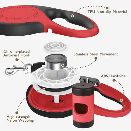 Retractable Dog Leash with Chew Proof Cable,26 ft Durable Dog Leash for Large Medium Dogs up to 110 lbs, 360° untangled, One-Handed Brake. (Red)