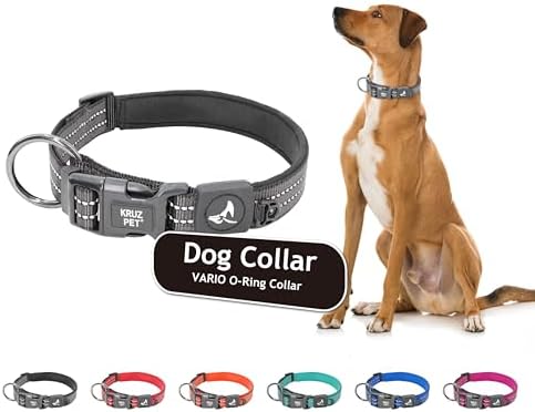 Kruz Dog Collar for Large Dogs (Width- 1", Length - 21"-25") Reflective Adjustable Pet Neck Band with Comfortable Neoprene Padding, Heavy-Duty O-Ring, 100% Nylon Strap (Black, X-Large)