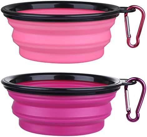 Dog Bowl Pet Collapsible Bowls, 2 Pack Collapsible Dog Water Bowls for Cats Dogs, Portable Pet Feeding Watering Dish for Walking Parking Traveling with 2 Carabiners (Small, Pink+Purple)