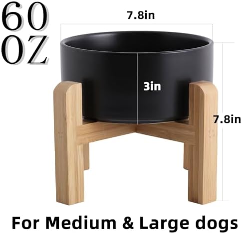 Elevated/Raised Ceramic Dog Bowl with Bamboo Stand,8 inch 7.6 Cups Non-Slip Heavy-Weighted Single Pet Dish, Reduces Neck Strain Black