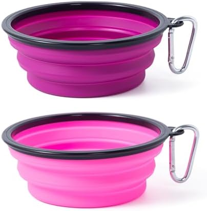 Dog Bowl Pet Collapsible Bowls, 2 Pack Collapsible Dog Water Bowls for Cats Dogs, Portable Pet Feeding Watering Dish for Walking Parking Traveling with 2 Carabiners (Pink+Purple, Medium)