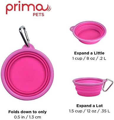 Prima Pet Collapsible Silicone Water Travel Bowl with Clip for Dog and Cat, Portable and Durable Pop-up Feeder for Convenient On-the-go Feeding - Size: Small (1.5 Cups) Pink - 2 Pack